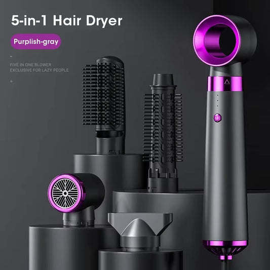 5-in-1 purplish-gray hair dryer with multiple styling attachments for versatile hair care